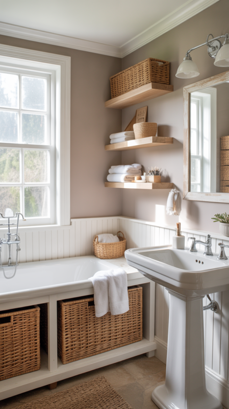 Light brown bathroom with white fixtures and natural light creating airy warm space