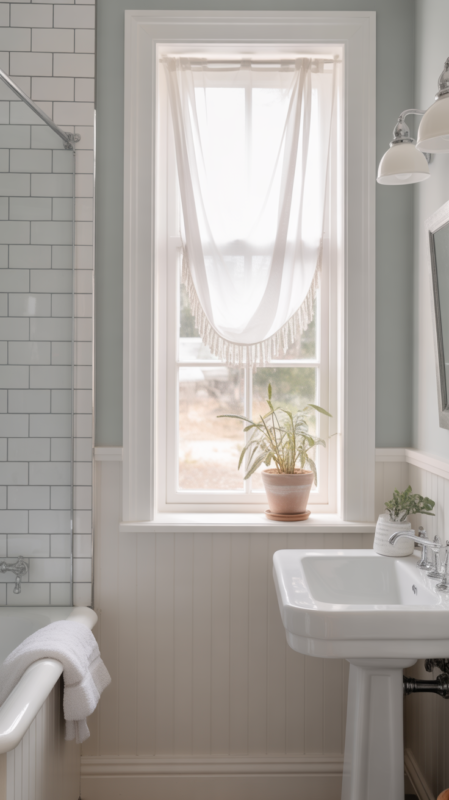 Light gray bathroom with white trim and natural light creating bright airy space