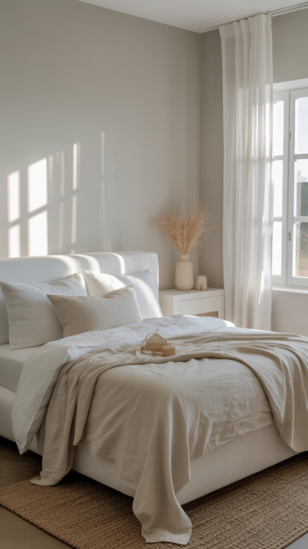 Light grey bedroom walls creating airy, peaceful spa-like atmosphere
