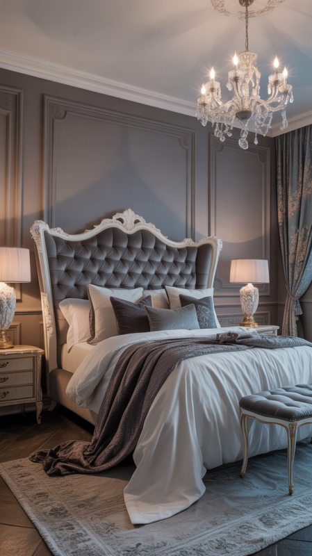 Luxurious grey bedroom featuring sumptuous grey velvet headboard and textiles
