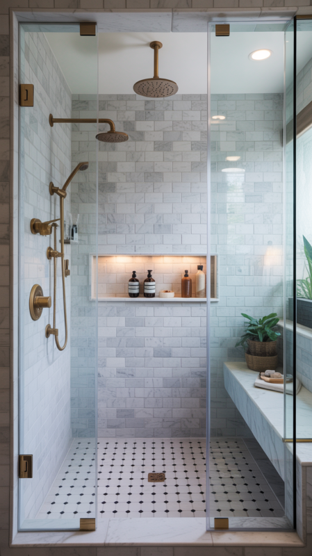 Spa-like walk-in shower with rainfall showerhead and frameless glass enclosure