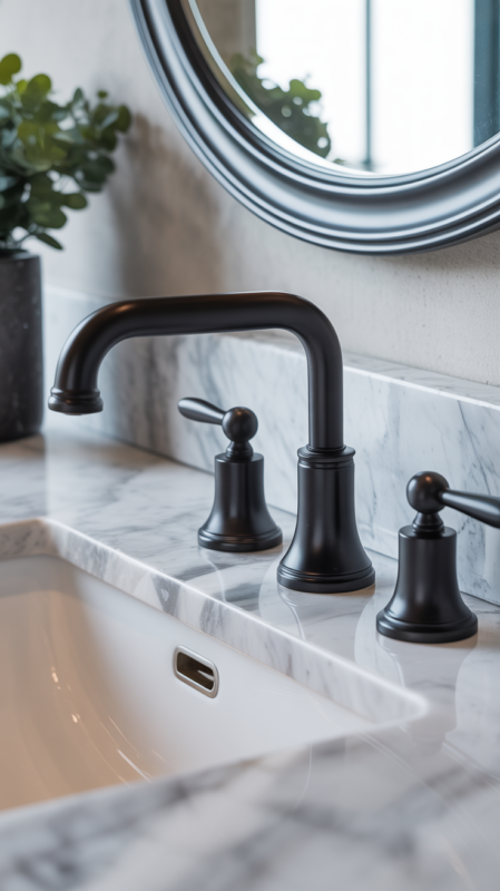 Bathroom showcasing matte black faucet, shower door, and hardware details
