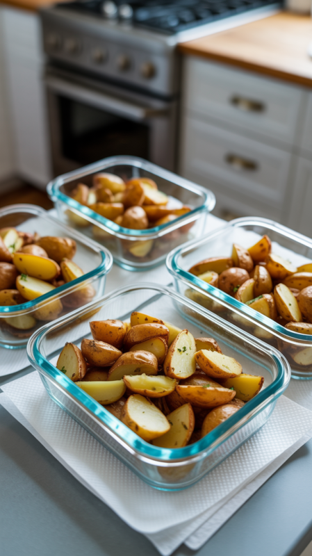 Multiple glass meal prep containers with portions of air fryer potatoes for storage