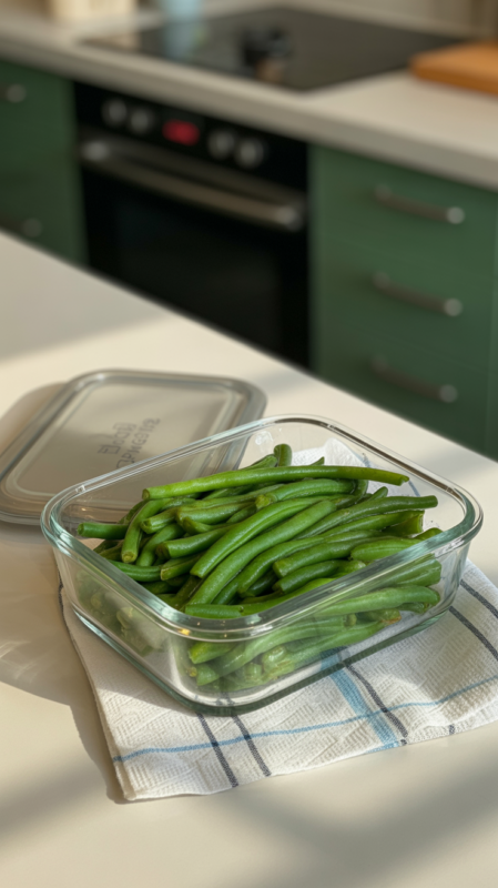 Glass meal prep container with cooked air fryer green beans for storage
