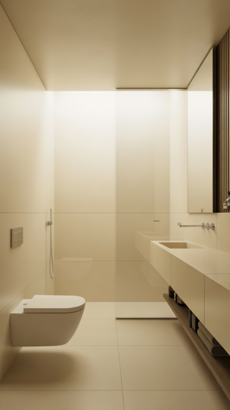 Minimalist bathroom with wall-mounted toilet and concealed storage