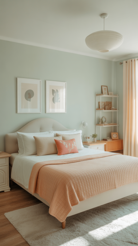 Fresh bedroom with soft mint green walls creating airy atmosphere