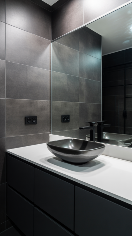 Modern black bathroom with coordinated matte black fixtures and floating vanity