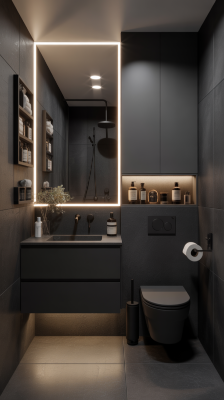 Modern black small bathroom with floating vanity and smart storage solutions