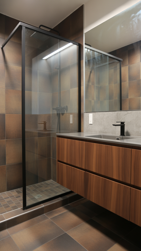 Modern brown bathroom with floating wood vanity and large format tiles