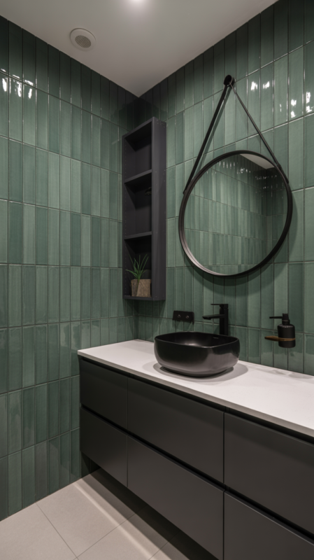Modern dark green bathroom with matte black fixtures and floating vanity