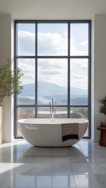 Elegant freestanding white bathtub positioned near window as focal point