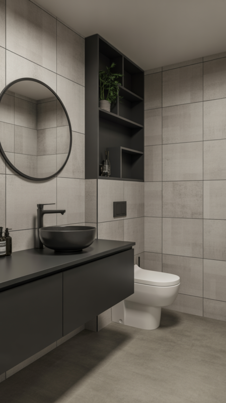 Modern gray bathroom with matte black fixtures and floating vanity