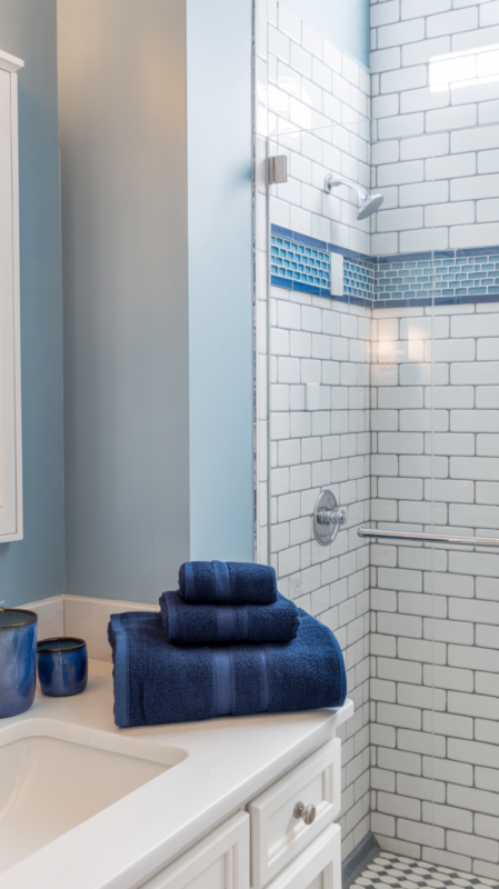 Modern gray bathroom with navy blue towel and accessory accents