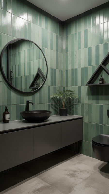Modern sage green bathroom with matte black fixtures and floating vanity