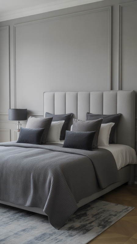 Sophisticated monochromatic bedroom with multiple shades of grey creating depth