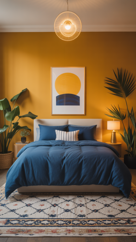 Bold bedroom with warm mustard yellow walls and navy accents