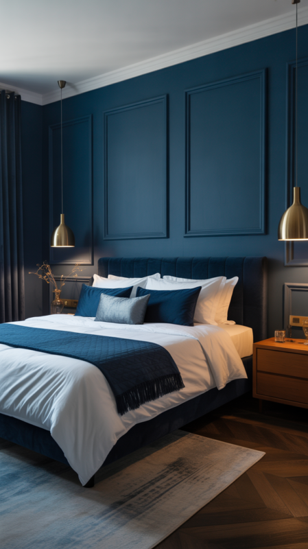 Dramatic navy blue bedroom walls with white bedding and brass accents