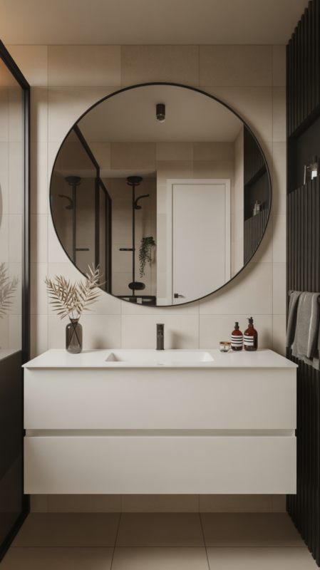 Large round mirror above floating vanity creating spacious feeling