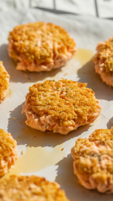 Salmon patties coated in golden panko breadcrumbs ready for air fryer basket