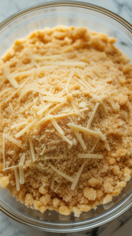 Bowl of golden breadcrumb mixture with grated Parmesan cheese for coating zucchini