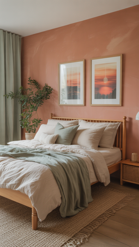 Warm bedroom with soft peach walls and natural materials