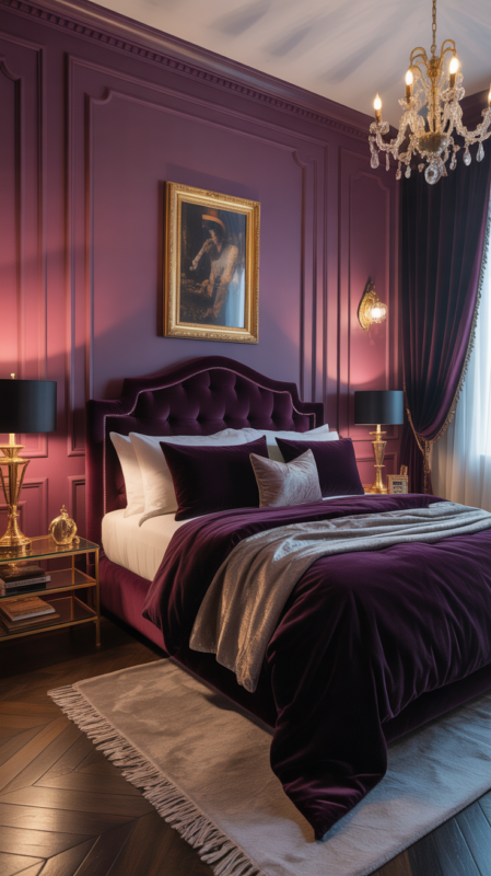Dramatic bedroom with deep plum walls and gold accents