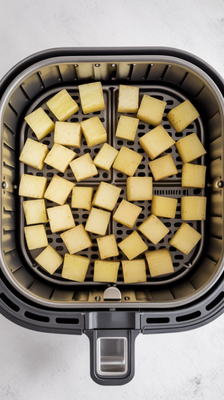 Air fryer basket showing potatoes properly arranged in single layer with space