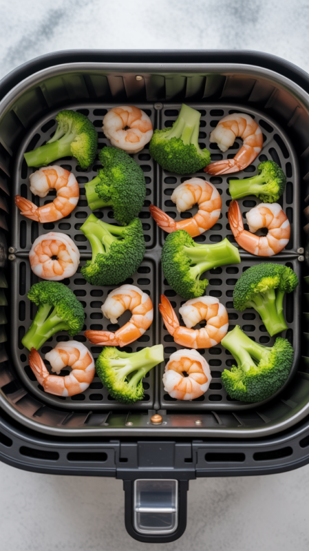 Air fryer basket with shrimp and broccoli properly spaced in single layer