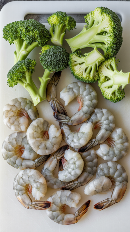 Raw medium shrimp next to uniformly cut broccoli florets showing proper sizing