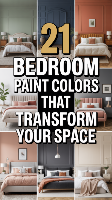 Pinterest pin showing 21 bedroom paint color ideas with example rooms