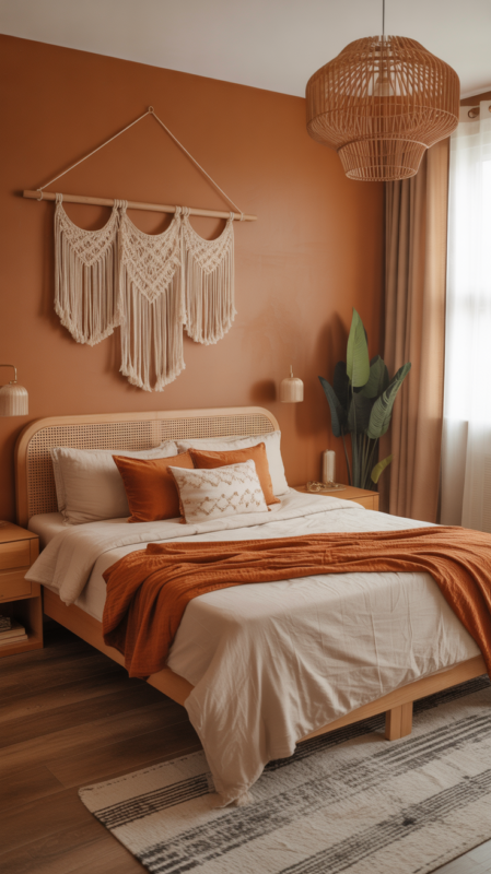 Earthy bedroom with warm rust orange walls and vintage-inspired style