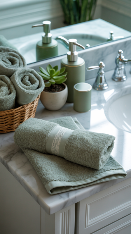 Sage green bathroom accessories including towels and soap dispensers on white marble counter