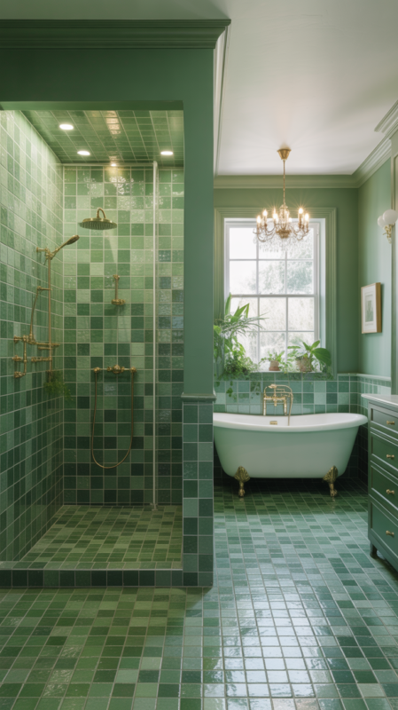 Complete sage green bathroom transformation with tiles and paint from floor to ceiling