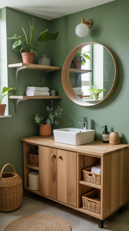 Sage green bathroom with natural wood vanity showing what colors go together