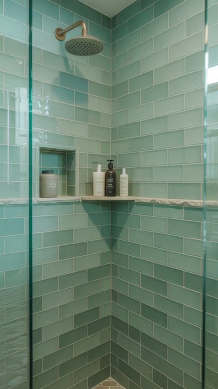 Sage green bathroom tiles in herringbone pattern creating modern spa-like shower design