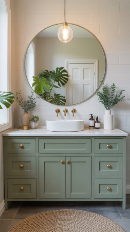 Statement sage green bathroom vanity with brass hardware and white countertop