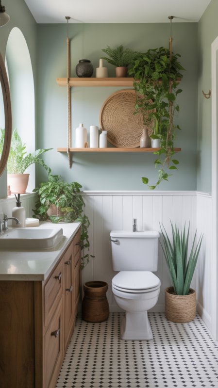 Calming bathroom with sage green walls and white fixtures creating spa atmosphere