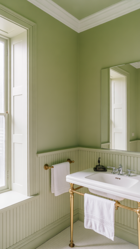 Sage green bathroom walls with white trim and wainscoting creating classic elegant design