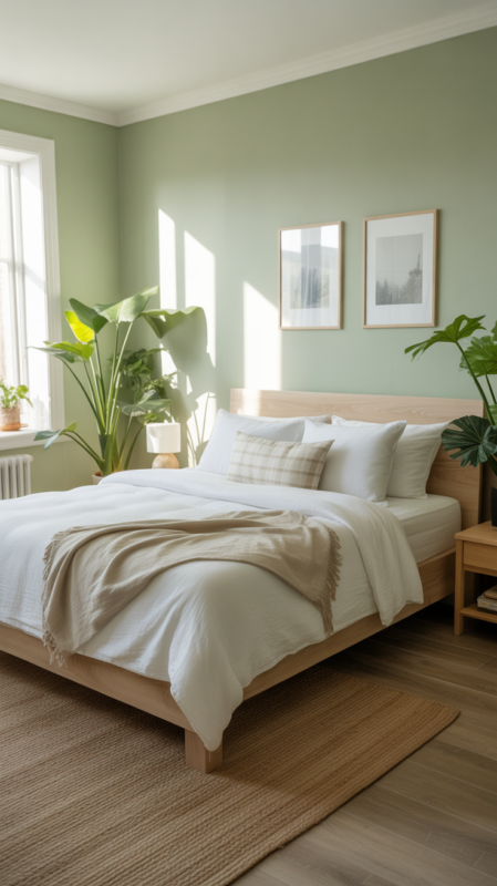 Serene bedroom with soft sage green walls, white bedding, and natural wood furniture