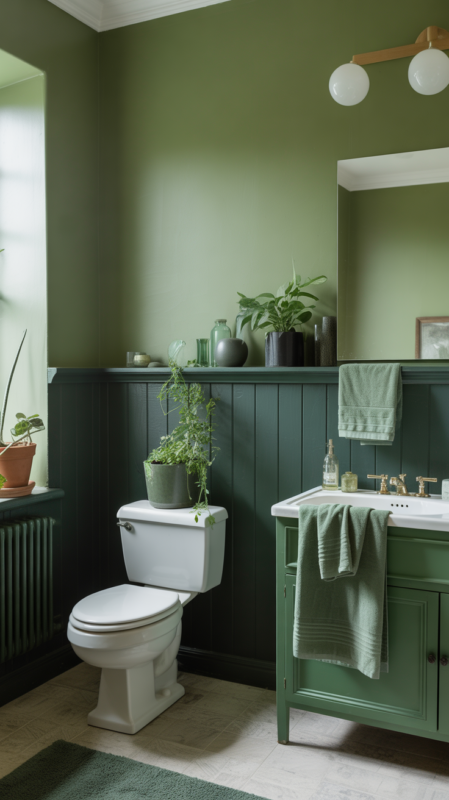 Bathroom featuring sage green to dark green gradient creating dimensional design