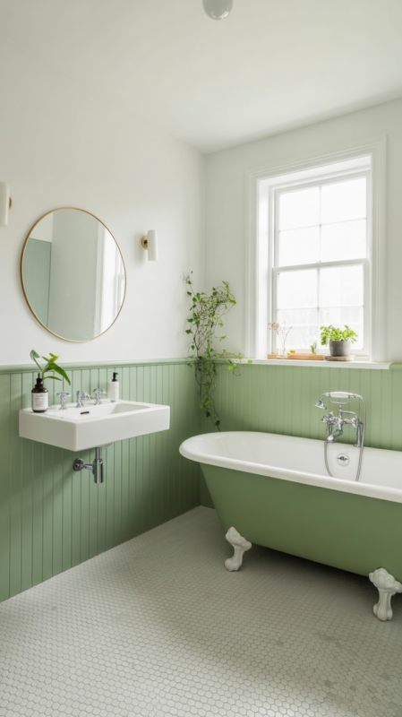 Sage green and white bathroom featuring two-tone walls and white freestanding bathtub