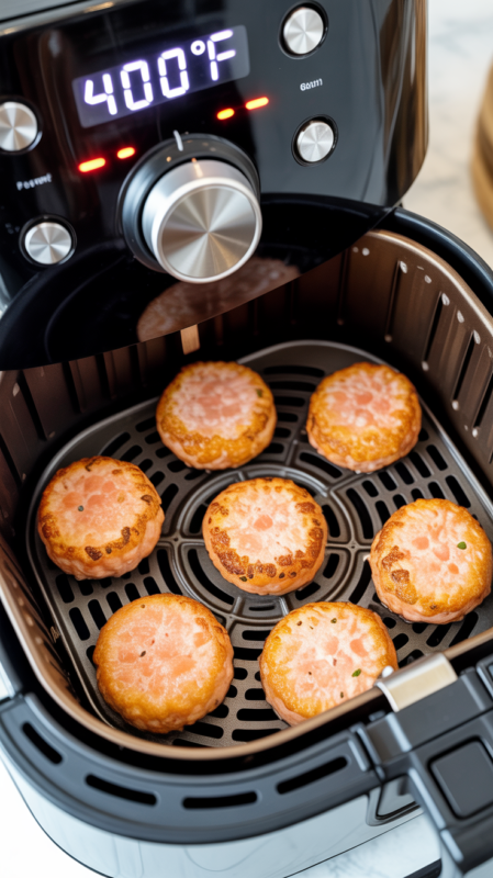 Golden salmon patties cooking in air fryer basket at 400 degrees showing browning progress