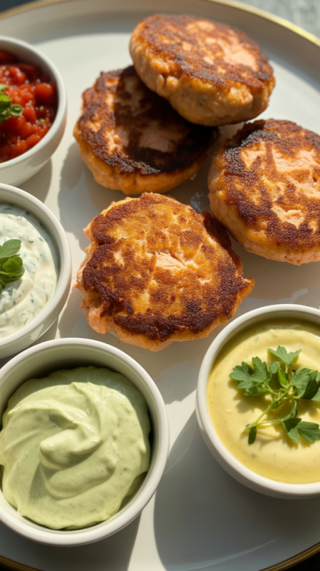 Plated salmon patties surrounded by small bowls of various dipping sauces including tartar and remoulade