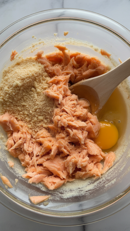 Bowl of mixed salmon patty ingredients showing proper texture and consistency