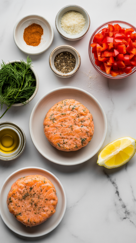 Arranged spices and seasonings for salmon patties including Old Bay, garlic powder, and fresh herbs