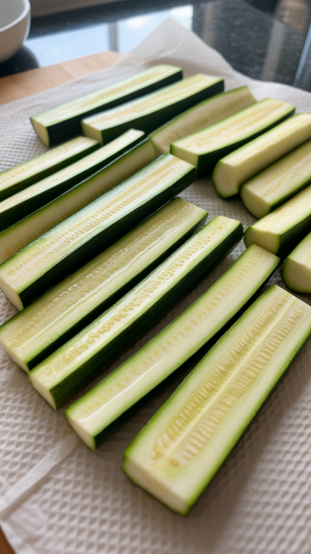 Raw zucchini sticks on paper towels with visible salt and moisture beads