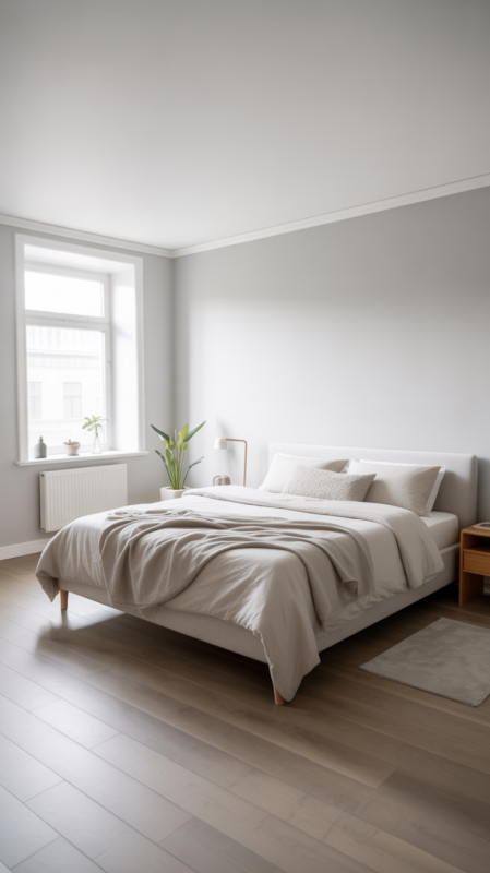 Minimal Scandinavian grey bedroom with light wood and simple design