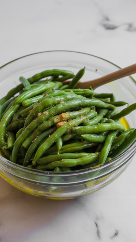 Bowl of green beans tossed with olive oil and seasonings ready for air fryer