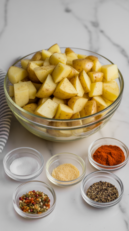 Bowl of seasoned potato cubes with various spices and herbs arranged around bowl 