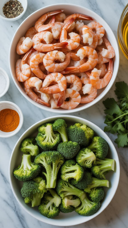 Two bowls showing separately seasoned shrimp and broccoli with spices and oil